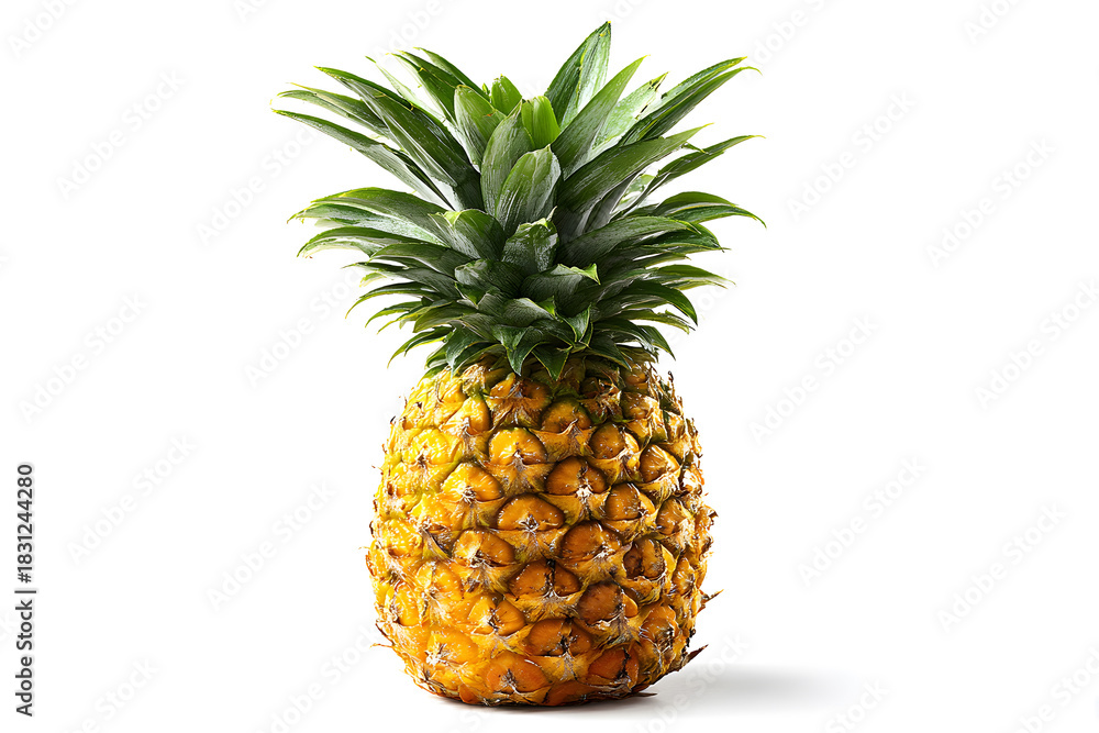 Fototapeta premium Fresh pineapple displayed upright with vibrant yellow skin and green crown highlighting its tropical appeal
