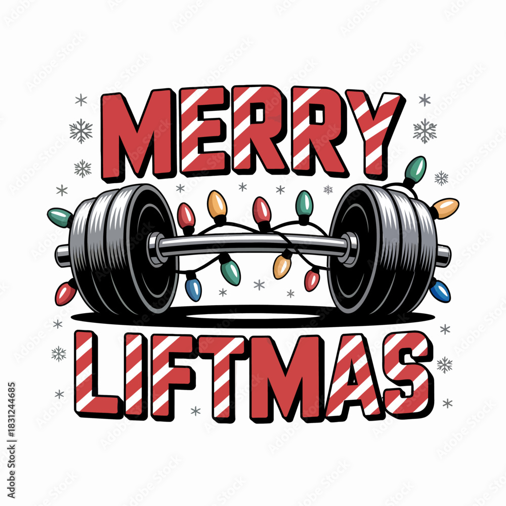 Fototapeta premium A barbell is adorned with colorful Christmas lights . The words 'Merry Liftmas' are featured prominently in festive red and white.