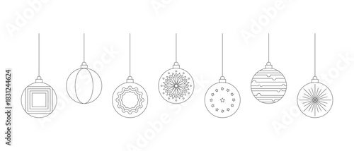 Modern black line Christmas ornament icon set featuring decorative holiday baubles with geometric and artistic patterns for clean minimalist seasonal vector illustrations