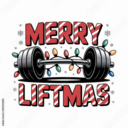 A barbell is adorned with colorful Christmas lights . The words 'Merry Liftmas' are featured prominently in festive red and white.