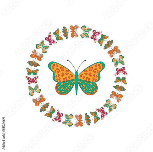 Groovy retro butterfly border in circle pattern. Bright and colorful frame with cute elements for spring nature theme. Perfect for y2k inspired happy decor projects.