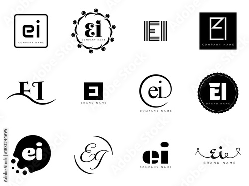 EI logo company template. Letter e and i logotype. Set different classic serif lettering and modern bold text with design elements. Initial font typography.