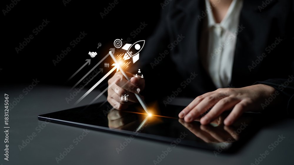 Obraz premium Startup business drives acceleration. business launch empowers growth, launch hits goal, launch ignites innovation, and start up business launch boosts success. Latch