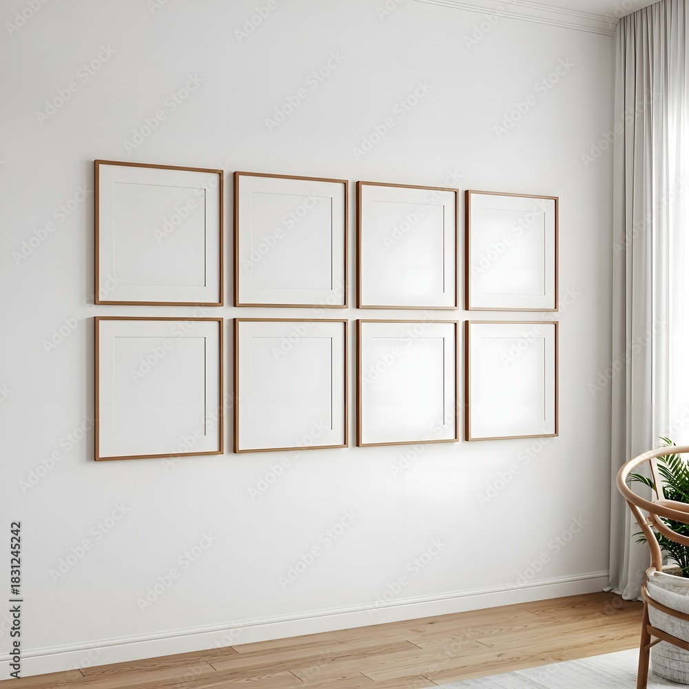 Fototapeta premium Eight empty wooden picture frames mounted on a white wall with a chair and curtains in the background