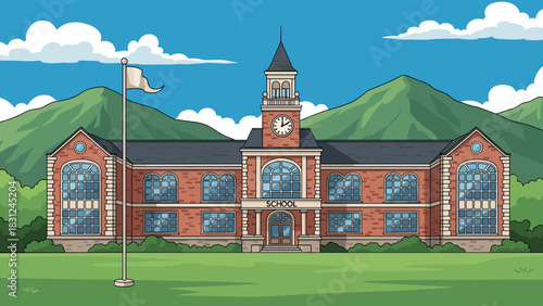 Brick school building with a central clock tower and symmetrical wings.