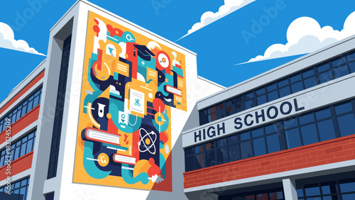 Modern high school building featuring a dynamic mural on its facade.