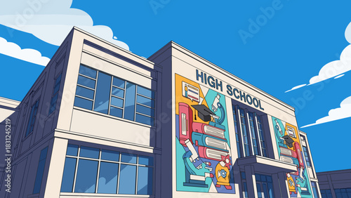 Modern high school building with large mural art on its facade.