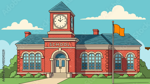 Classic school building with a prominent clock tower and red brick
