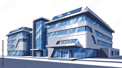 Modern school building with sleek design, featuring large glass windows and solar panels