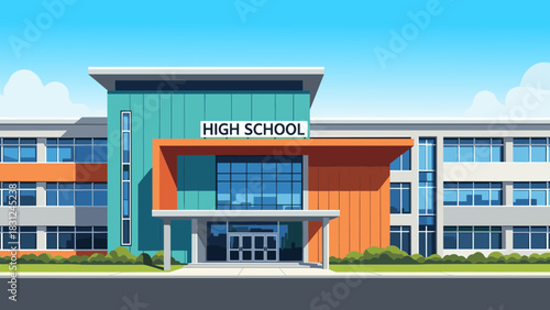 Illustration of a modern high school building with a flat roof