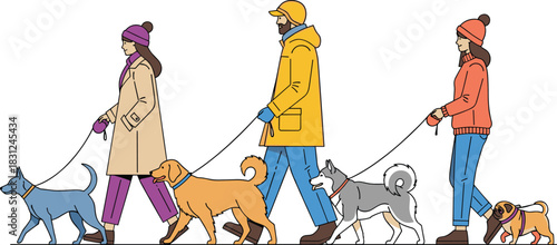 Dog Walkers Vector Illustration, People Walking Various Dog Breeds on Leashes, Pet Care Service, Winter Clothes, and Outdoor Activity Graphic