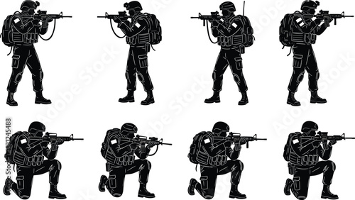 Military Soldiers Black and White Silhouette Set, Standing and Kneeling with Assault Rifles, Special Forces, Security, and Combat Vector Illustration
