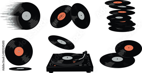 Vintage Vinyl Records and Turntable Collection, Spinning LP Discs, DJ Equipment Setup, Music Player and Stack, Retro Analog Audio Media Vector Illustration.