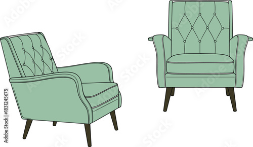 Tufted Armchair Vector Illustration, Mid-Century Modern Furniture Design, Side and Front View, Upholstered Lounge Chair, Home Decor Graphic
