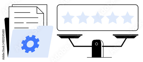 Folder with documents and gear icon next to rating scale with five stars. Ideal for workflow, quality assessment, decision-making, productivity, project management, evaluation, data organization