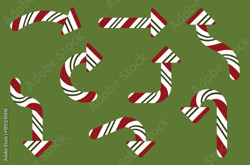 Christmas candy cane arrow icon set featuring curved, straight, and directional swipe symbols in festive red and white stripes. Decorative holiday navigation elements for seasonal design, UI, apps