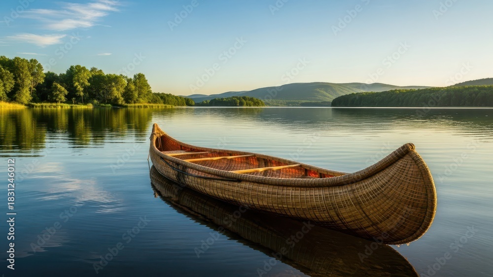 Obraz premium Canoeing adventure on serene lake nature landscape early morning peaceful viewpoint tranquility concept