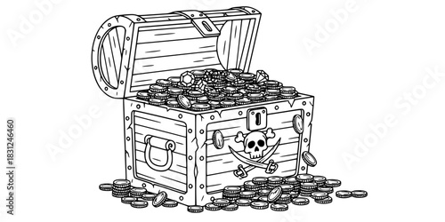 Pirate Treasure Chest Vector Outline Adventure Illustration for Children Coloring Book Design