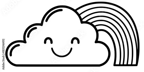 Cute Cloud and Rainbow Vector Outline Weather Illustration for Children Coloring Book Design