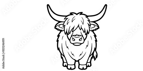 Cute Highland Cow Vector Illustration Black and White Outline for Coloring Book Farm Animal Design Element