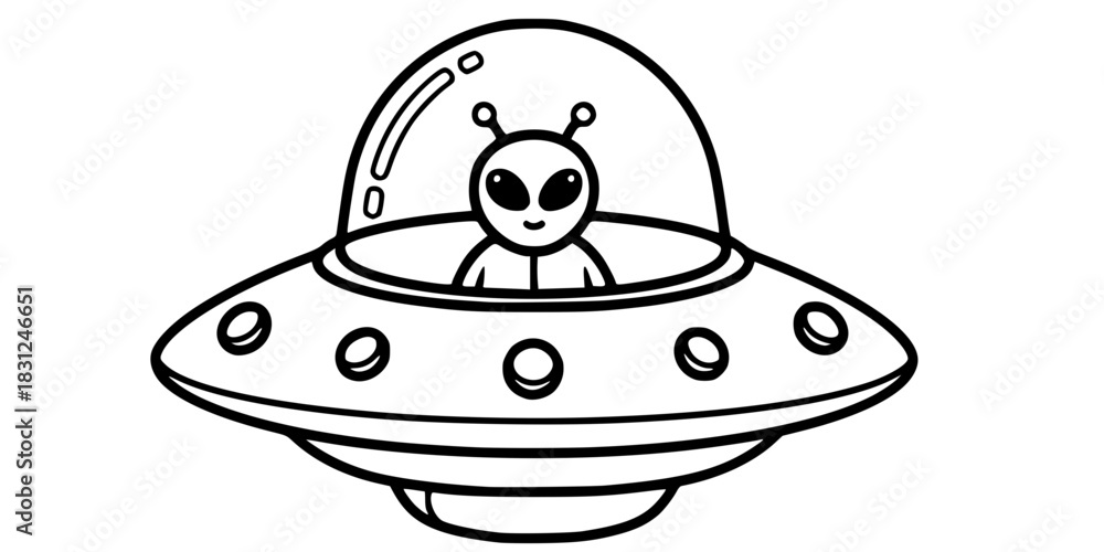 Fototapeta premium Cute Alien in UFO Spaceship Vector Outline Sci-Fi Illustration for Kids Coloring Book Design
