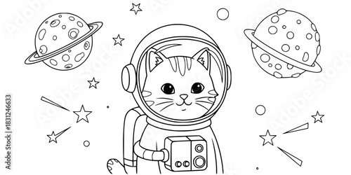 Astronaut Cat Vector Outline Funny Space Animal Illustration for Children Coloring Book Design