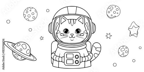 Astronaut Cat Vector Outline Funny Space Animal Illustration for Children Coloring Book Design
