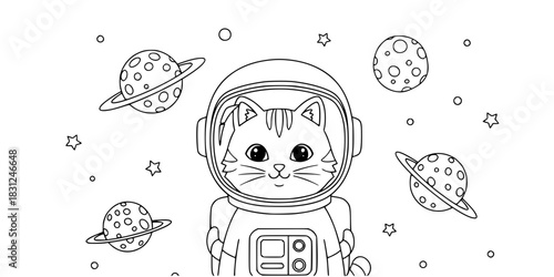 Astronaut Cat Vector Outline Funny Space Animal Illustration for Children Coloring Book Design