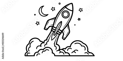 Rocket Ship Launch Vector Illustration Black and White Outline Space Transport for Coloring Book
