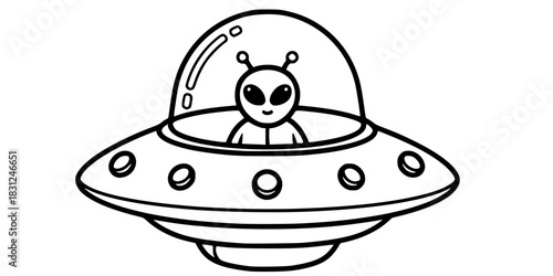 Cute Alien in UFO Spaceship Vector Outline Sci-Fi Illustration for Kids Coloring Book Design