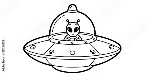 Cute Alien in UFO Spaceship Vector Outline Sci-Fi Illustration for Kids Coloring Book Design