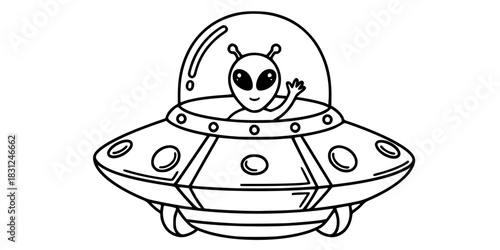 Cute Alien in UFO Spaceship Vector Outline Sci-Fi Illustration for Kids Coloring Book Design