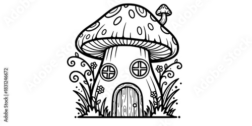 Mushroom House Vector Illustration Black and White Outline Cottagecore Design for Coloring Book