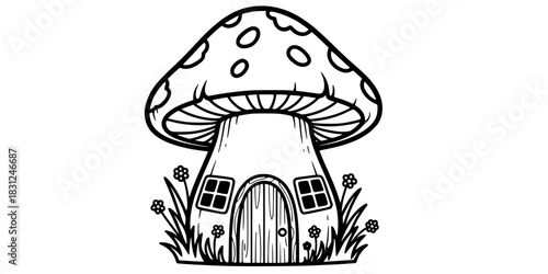 Mushroom House Vector Illustration Black and White Outline Cottagecore Design for Coloring Book