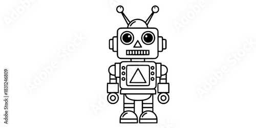 Cute Toy Robot Vector Illustration Black and White Outline Tech Character for Coloring Book