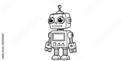 Cute Toy Robot Vector Illustration Black and White Outline Tech Character for Coloring Book