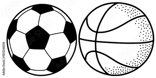Soccer and Basketball Vector Outline Sports Ball Illustration for Children Coloring Book Page