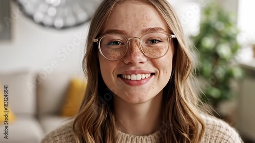 Young woman smiling wearing glasses indoors with soft lighting