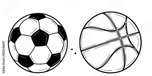 Soccer and Basketball Vector Outline Sports Ball Illustration for Children Coloring Book Page