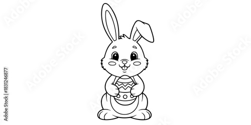 Easter Bunny with Egg Vector Outline Spring Holiday Illustration for Children Coloring Book