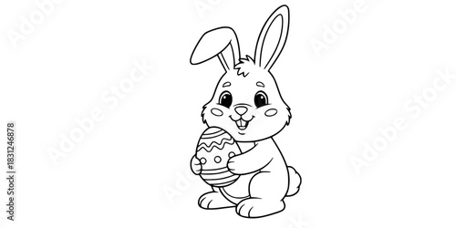 Easter Bunny with Egg Vector Outline Spring Holiday Illustration for Children Coloring Book