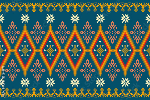 Cross Stitch Geometric ethnic patterns. Design for Saree, Patola, Sari, Dupatta, dupatta, Clothing, fabric, batik, Knitwear, Embroidery, Pixel ethnic pattern. Traditional Design.
