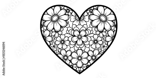 Heart Mandala Vector Outline Simple Floral Pattern Illustration for Kids Coloring Book Design