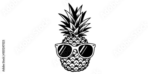 Cool Pineapple with Sunglasses Vector Outline Summer Fruit Illustration for Coloring Book