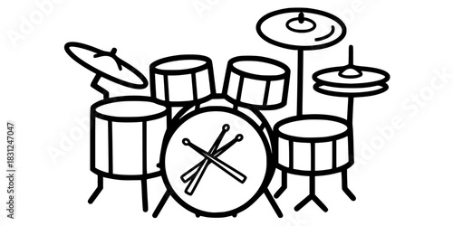 Drum Set Vector Illustration Black and White Outline Percussion Instrument for Kids Coloring Book