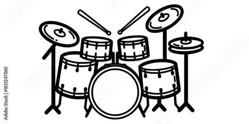 Drum Set Vector Illustration Black and White Outline Percussion Instrument for Kids Coloring Book