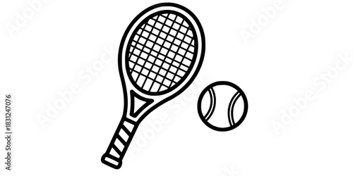 Tennis Racket and Ball Vector Outline Sport Equipment Illustration for Children Coloring Book