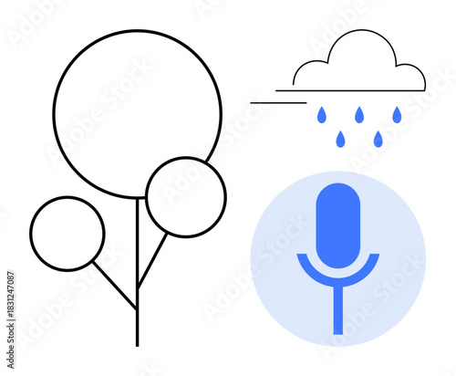 Line-art tree, cloud releasing raindrops, and blue microphone in circle. Ideal for nature, environment, communication, creativity, technology soundscapes and sustainability. Simple flat metaphor