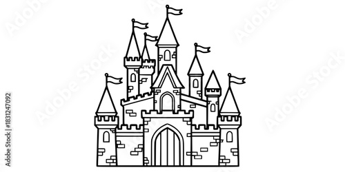 Fairytale Castle Vector Illustration Black and White Outline Fantasy Building for Coloring Book