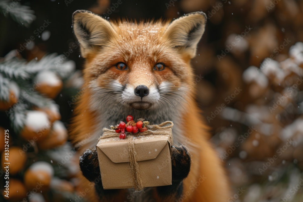Obraz premium A charming fox delicately holds a gift box adorned with vibrant red berries. This image evokes feelings of warmth, generosity, and festive delight. Suitable for marketing, holidays, and general use.